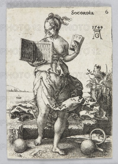 Socordia, from the series Allegorical Figures; Heinrich Aldegrever ca. 1502–1555; aut. 1561 graphic artist; allegories; Renaissance; German; personifications iconography; attributes; German graphics; figures with attributes; playing cards; gambling; landscapes; Carelessness allegory/personification; games; 1549 1st edition; graphic print; height 7 cm, width 4.9 cm, A monochrome engraving shows a woman standing on a shore with a flowing dress that reveals her legs; she holds an open box-like object in one hand and a small rectangular object in the other, and her hair is styled in a loose updo with curls. The scene includes a shoreline with a small boat and distant buildings, a cluster of plants or grasses to one side, and several round objects on the ground near her feet along with a ring-like circular object. The image is rendered in shades of black, gray, and off-white.