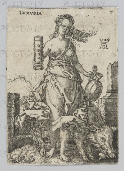 Luxuria, from the series Allegorical Figures; Aldegrever, Heinrich ca. 1502–1555/1561 graphic artist; German, Renaissance; 1549 1st edition; allegory/personification of Luxuria; attributes include pigs, animals, vessels; figures with attributes; landscape; graphic print; height 7 cm, width 4.9 cm., A monochrome engraving shows a partially draped woman standing barefoot on a textured ground, wearing a flowing gown with visible folds and a wreath in her hair; she holds a cylindrical object in one hand and a round vessel with a handle and lid in the other, while a large boar with detailed fur stands beside her and sniffs at something on the ground; the background includes architectural ruins and a distant rocky hill, and the image tones are shades of black, gray, and off-white.