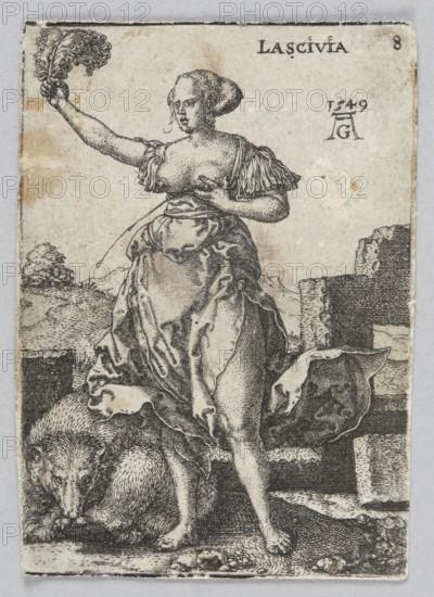Lascivia, from the series: Allegorical Figures, Aldegrever, Heinrich ca. 1502-1555 aut. 1561 graphic artist/author, allegories, German culture, Renaissance style, personifications iconography, German graphics, animals, attributes, figures with attributes, sensuality allegory, badgers zool., Debauchery allegory, Debauchery personification, 1549 1st edition, graphic print, height 7.1 cm, width 5 cm, A standing woman with light skin tones rendered in ink wears a flowing dress with visible folds and ruffled sleeves, one arm raised holding a feathered object and the other hand touching her chest; her hair is pulled back into a bun. The scene includes a large curled animal with fur lying at her feet, a textured ground beneath them, and ruins or stacked stone blocks to one side. The background shows distant hilly terrain and sparse vegetation. The image palette is monochrome black ink on an off-white, slightly aged paper with spots of brown discoloration.
