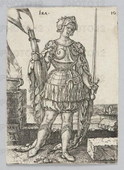Ira, from the series Allegorical Figures, Aldegrever, Heinrich ca. 1502–1555 aut. 1561 author, Renaissance, allegories, German, Ira Anger; personification, personifications iconography, German graphics, attributes, figures with attributes, Anger personification, melee weapons, sword attribute, armor, landscapes, fire, seven deadly sins, Anger allegory, 1549 1st edition, graphic print, height 7 cm, width 5 cm, A monochrome engraving shows a person in ornate armor standing on a stone platform by the water, wearing a helmet and a layered skirt-like armor with decorative shoulder pieces and patterned greaves, holding a long sword in one hand and a tall burning torch in the other; the figure faces slightly to the side, and behind them is a low wall with a distant shoreline and a small cluster of buildings, with textured stone blocks and scattered shells or stones on the ground.