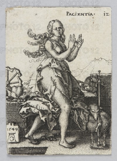 Pacientia, from the series: Allegorical Figures, Aldegrever, Heinrich ca. 1502–1555/1561 graphic artist / author, allegories, German culture, Renaissance style, personifications iconography, German graphic art, attributes, figures with attributes, Lamb of God iconography, burning heart iconography, landscapes, Patience personification/allegory, 1549 1st edition, graphic art/print, height 7.1 cm, width 5 cm, A black-and-white engraved image of a barefoot woman standing and facing slightly left with flowing wavy hair and draped clothing that reveals her legs, her hands raised near chest level with palms facing each other; to her right a standing sheep holds a staff and there is a rectangular pedestal behind them, to her left a broken wheel sits among stylized flames and a group of rounded objects, with a distant low mountain range in the background; the scene is rendered in fine line work and shading in tones of black, white, and gray.