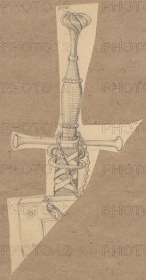 16th-century sword hilt; drawing sketch, irregular dimensions glued with the upper edge on brown cardboard; drawing: height 20.9 cm, width 10.5 cm; cardboard: height 34.9 cm, width 24.9 cm; materials: drawing on cardboard; date: 1830–1884; maker/illustrator: Aleksander Lesser 1814–1884; related name: Emilian Lesser 1848–1912; related name: Wiktor Stanislaw Zygmunt Lesser 1853–1935; subject: militaria, weapons, swords; function: edged-weapon study; place of origin: unknown., A vertical pencil sketch of a dagger handle and partial sheath cut out and pasted onto brown textured paper, showing a handle with a bulbous pommel, a narrow midsection with rope-like bands, a crossguard with flared ends, decorative rings and chains wrapped around the grip, and a partially visible scabbard with crisscross lacing; visible colors are beige or off-white for the cutout paper, light gray pencil marks, and brown for the background paper.