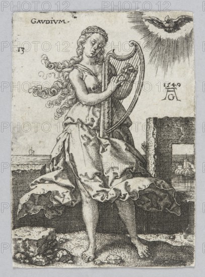 Gaudium, from the series: Allegorical Figures, Aldegrever, Heinrich ca. 1502–1555/1561 graphic artist / author; allegories; German culture; Renaissance style; German graphics; personifications iconography; attributes; figures with attributes; musical instruments; harps; landscapes; Dove of the Holy Spirit iconography; Joy allegory; 1549 1st edition; graphic print; height 7 cm; width 5 cm, A monochrome engraved image of a standing woman wearing a flowing dress with detailed folds, a wreath in her hair, and long curly hair blowing to one side as she plays a harp held against her body; she stands barefoot on textured ground with scattered rocks, and a small sailboat appears on the distant water behind her; an architectural wall with an opening showing a distant town or buildings is visible to one side, and a dove-like bird with radiating lines appears in the sky above.