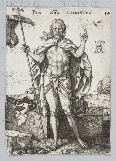 Pax Nostra Christus, from the series: Allegorical Figures, Aldegrever, Heinrich ca. 1502–1555/1561 graphic artist, allegories, Renaissance, German culture, Pax personification, German graphic art, Jesus Christ iconography, banners, the Resurrected Christ iconography, attributes, landscapes, Pax Christiana allegory, 1550 1st edition, graphic print, height 6.9 cm, width 4.9 cm, A standing male figure with long hair and a beard is depicted nearly nude, wearing a draped cloth around his waist and a cloak over his shoulders; he holds a long staff with a flowing banner in one hand while the other hand is raised with two fingers extended. The figure stands on textured ground in front of a rectangular stone block and a few scattered rocks, with a landscape of rolling hills and a group of trees visible in the background. The image is rendered in black ink on a light background, showing shades of black, gray, and white.