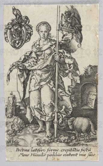Modesty, from the series: Virtues and Vices; Heinrich Aldegrever ca. 1502–1555 or 1561, graphic artist; allegories; Renaissance; German; personifications iconography; attributes; sheep; figures with attributes; banners; Virtues personifications; 1552 1st edition; graphic print; height 10.3 cm; width 6.9 cm, A monochrome engraving shows a robed woman standing barefoot on a textured ground, holding a tall staff with a banner; she has braided hair and a calm facial expression. Her layered drapery has detailed folds and shading in black and gray tones against a pale background. To her left is an ornate shield-like emblem with a perched bird, and to her right are crumbling stone structures and an arched recess. At her feet are scattered rocks and a small animal resembling a sheep grazing, rendered in the same black and gray line work. The scene includes a small carved head lying on the ground and a bit of grassy vegetation, with the entire image framed by a narrow pale border.