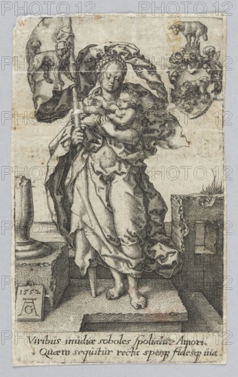 Love of One's Neighbor, from the series Virtues and Vices; Heinrich Aldegrever ca. 1502–1555/1561; allegory/personification of Caritas Charity; German, Renaissance; 1552 1st edition; graphic print; iconography: personifications, figures with attributes, banners, coats of arms, dogs, sheep, children, ruins; dimensions: height 10.1 cm, width 6.2 cm., A monochrome engraved image of a standing robed female figure holding a young child close to her chest, both rendered with detailed line work and shading; the woman wears flowing drapery and a head covering that billows behind her, and she supports the child with one arm while grasping a long staff with the other. The scene includes architectural elements at the figure’s feet, such as a stone platform and carved blocks, and a broken column base to the left. In the upper right is a heraldic-style shield topped by a decorative helmet and animal motif, while the upper left shows a cloth or banner with an animal figure. The background and border...