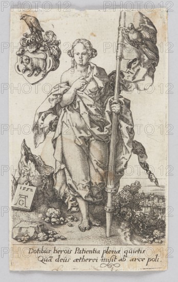 Patience, from the series Virtues and Vices, Heinrich Aldegrever ca. 1502–1555 aut. 1561 graphic artist, Renaissance, 1552 1st edition, Virtues personifications, personifications iconography, allegories, attributes, German culture, graphic print; figures with attributes, birds, banners, castles architecture, landscapes; height 10.2 cm, width 6.3 cm, A monochrome engraving showing a barefoot woman standing frontally, draped in flowing robes with one hand near her chest and the other holding a tall staff topped with a flag; her hair is wavy and pulled back, and her facial expression is neutral. To the upper left is an ornate crest with a bird perched atop and an animal depicted inside a shield, and to the upper right a bird is perched on the flag near folds of fabric. At the lower left a rocky outcrop and a small carved tablet rest among scattered stones, and at the lower right there is a grouping of bushes and a distant view of a town with clustered buildings. The image is rendered in s...