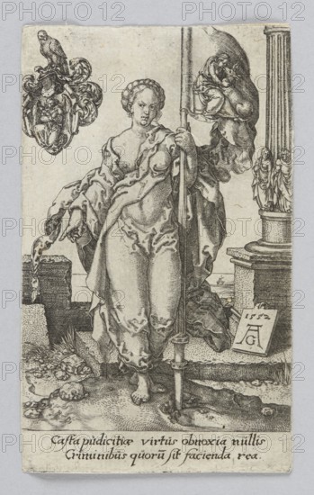 Purity, from the series Virtues and Vices; Heinrich Aldegrever ca. 1502–1555/1561, graphic artist; German, Renaissance; allegorical personification of Purity with attributes including banners, figures with attributes, birds, a unicorn, and angels; architectural columns; 1552 1st edition; graphic print; height 10.1 cm, width 6.1 cm., A monochrome etched scene shows a barefoot woman standing frontally, draped in flowing robes that reveal parts of her torso and legs; she holds a long vertical staff with one hand while the other hand gestures outward. Her hair is styled in a braided updo and her facial expression is neutral. To her right is a tall fluted column with a small sculptural group near its base and drapery hanging behind the staff. To her left near the top is an ornate heraldic crest featuring a bird perched on elaborate scrollwork. The ground beneath her feet is uneven with textured rocks and vegetation, and architectural stone blocks and ledges appear behind and beside her. The...
