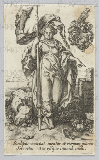 Moderation, from the series Virtues and Vices, Aldegrever, Heinrich ca. 1502–1555/1561 graphic artist/author, German, Renaissance; subject: Virtues personifications, allegories; iconography: personifications, banners, figures with attributes, fish, birds, ruins; date: 1552 1st edition; medium: graphic print; dimensions: height 10.3 cm, width 6.1 cm., A tall engraved figure of a woman stands front and center, draped in flowing robes and holding a long staff topped with a flag that shows a fish; her head is wrapped in cloth with loose ends hanging down, and her face is turned forward with a neutral expression. Around her are rocky ground and vegetation, with a few shells and rounded stones scattered near her feet; behind her on one side are block-like stone structures and on the other a distant shoreline with a small boat and low hills. In the upper corner a decorative heraldic cartouche with ornate scrollwork and a perched bird appears. The image is rendered in black ink on a light, age...
