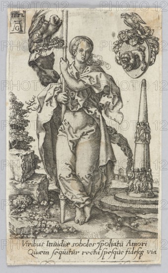 Mercy, from the series Virtues and Vices, by Heinrich Aldegrever ca. 1502–1555/1561, Renaissance; personifications of virtues, allegory; attributes include banners, pelican allegory, lion attribute, obelisks architectural elements; personifications iconography; 1552 1st edition; graphic print; height 10.3 cm, width 6.1 cm, A monochrome engraved scene shows a standing robed figure holding a tall staff with a draped banner, wearing flowing garments with visible folds and a cloak around the shoulders; the figure has long hair and bare feet positioned on rocky ground. To the upper right an ornamental shield bearing an animal head is surmounted by a perched bird, and further right a tall column or obelisk with sculpted figures near its base is visible with a small group of standing figures beside it. To the left there is a rocky landscape with a tree and scattered stones and shells on the ground. The image palette is shades of black, gray, and off-white with areas of light brown discolorati...