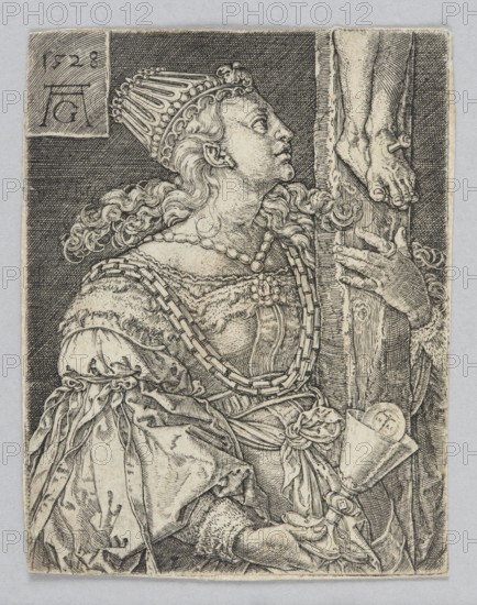 Faith personification, Fides; allegory, by Heinrich Aldegrever ca. 1502–1555/1561, 1528 matrix. German Renaissance graphic print from Westphalia; height 8.4 cm, width 6.5 cm. Subject: Theological Virtue Faith—personification with attributes such as chalices and hosts, crucifixes; figures with attributes; costumeology, jewellery, women's historical costumes., A detailed monochrome engraving shows a woman in profile facing right, wearing an ornate crown and a layered dress with puffed sleeves and decorative trim; her long curly hair cascades over her shoulders and she wears a beaded necklace and a decorative chain across her chest. She holds a vertical wooden beam with one hand near the top while a foot with a nail is affixed to the beam above; her other hand holds a small object wrapped in cloth near her waist. The background is filled with dense crosshatching. Visible colors are shades of black, gray, and off-white.