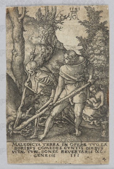 Adam Tilling the Land, from the series The Power of Death, Heinrich Aldegrever ca. 1502–1555/1561, graphic artist; subject: Adam Bible, biblical scenes, Old Testament, Book of Genesis; depiction includes biblical characters, Death personification, skeletons, forest/landscape; style: German Renaissance, vanitas allegory; medium: graphic print; date: 1541 1st edition; dimensions: height 7.2 cm, width 4.9 cm., The image shows a monochrome scene with a person standing and pulling on a long stick held by a skeletal figure; the standing figure wears draped clothing and has short wavy hair, and their posture is tense as they look toward the skeleton. The skeleton holds a staff and leans forward beneath a large gnarled tree with exposed roots and textured bark; to the right a seated figure with long hair and partially covered body sits near foliage and rocks. The ground is uneven with intricate line work suggesting roots and soil, and there are dense bushes or trees in the background. Visible ...