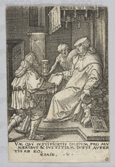 Death and the Cardinal, from the series The Power of Death; Heinrich Aldegrever ca. 1502–1555/1561, graphic print, 1541 1st edition. German, Renaissance; vanitas allegory depicting Death personification and a cardinal/dignitary in an interior with throne, skeleton, hourglass; height 7.6 cm, width 5 cm., An intricately detailed black-and-white engraving shows an interior scene with a seated robed figure wearing a soft cap and voluminous garments on the right, leaning on a carved armrest with a small sculpted figure at its base; a standing figure in period clothing with a fur-trimmed collar and hose faces the seated figure while holding a large hourglass on a small table between them; a skeletal figure stands behind the seated figure, reaching toward the hourglass; heavy drapery with tassels hangs above and behind them, and a narrow doorway or recess is visible to the left; the floor and walls are rendered with dense crosshatching, and the overall palette is black, white, and shades of g...