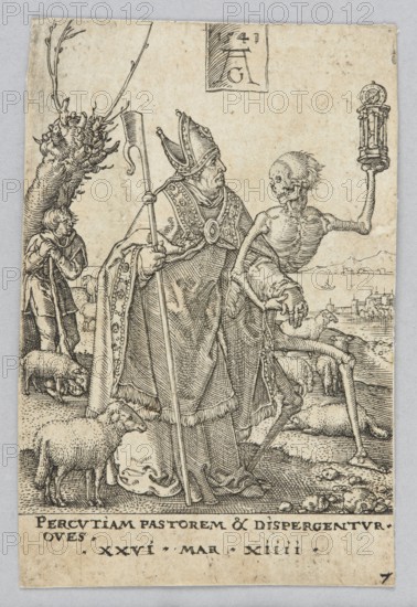 Death and the Bishop, from the series The Power of Death; Heinrich Aldegrever ca. 1502–1555, auth. 1561, German Renaissance graphic print, 1541 1st edition. Depicts Death personification and skeletons confronting a bishop; vanitas allegory with hourglass, sheep and shepherds in a landscape. Height 7.7 cm, width 5 cm., A detailed monochrome line drawing on a pale, slightly textured background shows a robed figure wearing an ornate tall hat and holding a long staff, standing next to a skeletal figure that raises an hourglass-like object in one bony hand while gripping the robed figure with the other; a group of sheep grazes at their feet and a shepherd with a staff stands near a gnarled tree on the left, with a distant shoreline and small buildings faintly visible on the right.