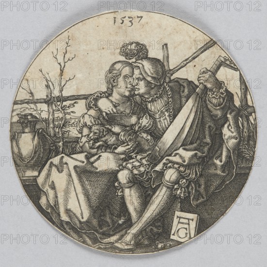 Lute Player with His Beloved in the Garden, Aldegrever, Heinrich ca. 1502–1555 aut. 1561 graphic artist, love scenes, German, Renaissance, musicians, lute players, lovers, historical costumes, eroticism, genre scenes, dogs, musical instruments, tonda, 1537 1st edition, graphic print, A circular black-and-white engraving showing a seated couple in historical clothing on a bench. The person on the right wears a plumed hat, a ruffled collar, a voluminous cloak, and holds a stringed instrument with one hand while the other arm encircles the person on the left. The person on the left wears a simpler dress and leans into the embrace, holding a small dog in their lap. Behind them is a low fence and a bare, twiggy tree, with a large jug placed on the bench to the left. The scene is rendered in fine cross-hatched lines and shading in tones of black, gray, and off-white.