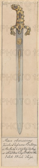 Sword of King Stefan Batory, 16th century; drawing of the sword; materials: drawing glued across the entire surface onto paper of similar dimensions, which is glued with its upper edge onto cardboard; maker/illustrator: Aleksander Lesser 1814–1884 and Emilian Lesser 1848–1912 roles noted; related person: Stefan Batory King of Poland; 1533–1586 — iconography; dimensions: drawing height 21.0 cm, width 5.6 cm; card height 25.8 cm, width 5.7 cm; cardboard height 35.8 cm, width 25.9 cm; date range: 1830–1884; place: Czestochowa., A long vertical drawing of a sword with a decorative hilt and straight blade centered on a pale beige background; the hilt is ornate and curved, primarily golden yellow with a few teal and dark accents and small rounded protrusions, and the guard has a symmetrical, claw-like shape with similar yellow and teal details; the blade is light gray-blue with a central vertical groove and a couple of golden decorative elements near its top, and the tip narrows to a point; ...