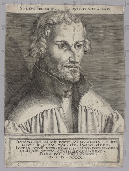 Portrait of Philip Melanchthon, Aldegrever, Heinrich ca. 1502–1555 aut 1561 graphic artist, German, Renaissance; subject: Philip Melanchthon 1497–1560 — iconography, portrait, scholar, male bust/professor; style: German graphic art/graphic print; date: 1540 1st edition; materials/format: graphic art, height 17.1 cm, width 12.4 cm., A monochrome engraved portrait of a man shown from the chest up, facing slightly to the viewer's right, with wavy hair and a short beard, wearing a high-collared garment over a pleated robe; the background is filled with closely spaced horizontal lines, and there is a framed rectangular panel below the portrait containing blocks of ignored text; the overall image shows shades of gray, black, and off-white with fine linework and shading throughout.