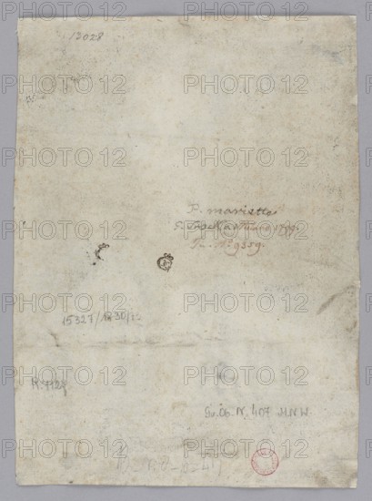 Portrait of Philip Melanchthon, Aldegrever, Heinrich ca. 1502–1555 aut. 1561 graphic artist / author, German culture, Renaissance style, Melanchthon, Philip 1497–1560 – iconography, portraits, German graphic art, scholars, male portraits, professors, Reformation, busts, male busts, portraits of scholars, 1540 1st edition, graphic art, graphic print, height 17.1 cm, width 12.4 cm, A worn sheet with an off-white, yellowed surface showing areas of light brown spotting and grey smudging, with a faint darker border around the edges; a few small dark ink marks and stamps are scattered across the middle area, and a round red mark appears near the lower edge; the paper shows creases and slight folds, with subtle variations of beige and light tan throughout and a grey background visible around the sheet.