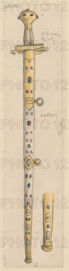 Koncerz, Lesser, Aleksander 1814-1884 author, militaria, craft, weapons, edged weapons, swords, Drawing glued across the entire surface to paper of similar dimensions, which is glued with the upper edge to cardboard., 1830 - 1884, drawing, drawing: height 21.0 cm, width 4.8 cm, card: height 21.2 cm, width 5.0 cm, cardboard: height 35.8 cm, width 25.9 cm, A vertical sketch of a long ornate object resembling a staff or rod with a decorative top and a separate short matching piece alongside it, drawn on a narrow beige background; the main object is mainly gold and pale with areas of white, showing a rounded top with red accents, a crosspiece near the top, a long shaft decorated with a pattern of small colored shapes in red, green, blue and dark tones, and several gold ornamental mounts and rings, while the separate shorter piece to the right is gold with similar dark and pale decorative marks.