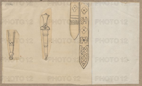 Daggers tulichy; Aleksander Lesser 1814–1884, author/illustrator; sketch on a sheet of paper glued by the upper edge to gray cardboard; drawing/sketch, 1830–1884; pen/ink or drawing medium; card: 11.1 × 18.4 cm; cardboard: 34.7 × 25.1 cm; militariya/edged weapons subject., The image shows a sheet with a few vertical sketch fragments adhered to it, each depicting elongated pointed shapes and decorative motifs drawn with pencil and shaded with light brown wash on a beige background; one larger vertical drawing along the right edge displays a long pointed strip with repeating floral-like ornaments and a crosshatched pattern at the tip, while two narrower fragments toward the left show variations of tapered forms with ornamental tops and small rounded terminations; the paper mounting and adhesive edges are visible, and colors present include beige, light brown, off-white, grey, and faint black from the pencil lines.