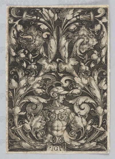 Vignette with a half-figure in armor; Heinrich Aldegrever ca. 1502–1555 aut. 1561 graphic artist; German; Renaissance style; decorations, ornaments, plant ornaments, flowers, armor, men, vignettes decorations; 1529 1st edition; graphic print; height 8 cm, width 5.6 cm, An ornate engraved design on a rectangular sheet showing a central bust of an armored figure wearing a helmet, surrounded by dense, flowing acanthus leaves and stylized floral motifs; the composition is symmetrical with swirling scrolls and curled leaf forms filling the dark background, rendered in contrasting light and dark tones; the visible colors are black, off-white, beige, and grey.