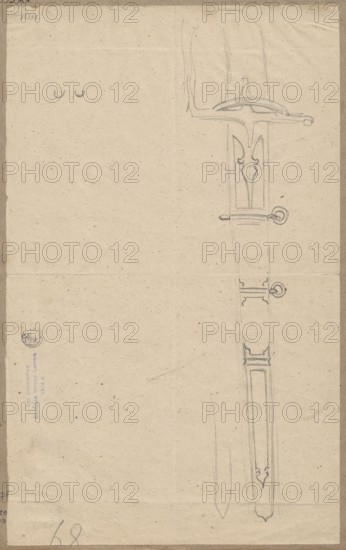 Broadsword recto and verso, Aleksander Lesser 1814–1884 draughtsman / author; gift; militaria; craft; cold steel weapons; swords; drawing glued with the upper edge to grey cardboard; dated 1830–1884; drawing height 32.3 cm, width 19.9 cm; cardboard height 34.8 cm, width 25.1 cm., A vertical drawing on a worn, beige paper sheet showing a pencil sketch of a long, narrow object with decorative fittings along its length, including a curved guard near the top and ornamental panels and rings; the paper has visible creases and small speckles, a few faint pencil marks and smudges, a round stamp near the left edge, and some small printed marks along the margins.