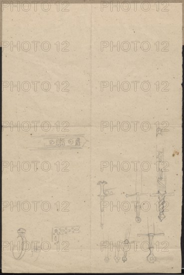 Broadsword recto and verso, Aleksander Lesser 1814–1884 draughtsman, militaria, craft, cold steel weapons, swords, weapons, drawing glued with the upper edge to grey cardboard, 1830–1884, drawing, sketch; drawing: height 32.3 cm, width 19.9 cm; cardboard: height 34.8 cm, width 25.1 cm, A sheet of tan paper with visible fold lines and small speckles, containing light pencil sketches of several sword hilts and crossguards clustered toward the right and lower areas, a few short decorative rectangular motifs near the upper left and lower left, and a sketched rounded ring-like object at the lower left; the pencil lines are faint gray on the tan background and the page edges show slightly darker beige borders.