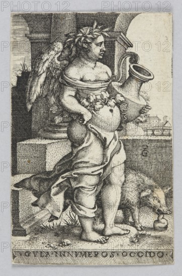 Gluttony, from the series: Vices, Pencz, Georg ca. 1500-1550 graphic artist, German culture, Gluttony personification, attributes, allegories, personifications iconography, women, German graphics, Renaissance style, figures with attributes, pigs, seven deadly sins, wreaths, feces, jugs, vines, columns architectural, plant tendril, 16th century, graphic print, height 8.2 cm, width 5.1 cm, A monochrome etching shows a winged, robed figure standing on a stone platform, wearing a laurel wreath and holding a large jug with a curved handle and a few leaves or flowers at the waist; the drapery wraps around the figure and falls in flowing folds down to bare feet. Behind the figure are architectural elements including a column and arch, and a distant view of geometric building shapes. Beside the figure on the platform stands a bristly animal resembling a boar, sniffing or touching a small round vessel on the ground. The visible colors are black, white, and shades of gray.