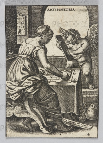 Arithmetic, from the series Seven Liberal Arts, Georg Pencz ca. 1500–1550 graphic artist; allegory/personification of Arithmetic; German, Renaissance, 16th century; graphic print; materials: German graphics/graphic print; subject: woman with attributes, putti and winged putti, interiors, scientific instruments, measurements, laurel wreath; figures with attributes; dimensions: height 7.8 cm, width 5 cm., A monochrome engraving shows a seated woman in draped clothing seen in profile, leaning forward with one arm on a table and the other reaching toward a flat surface on the table; her hair is braided and coiled at the back of her head and she wears sandals. Opposite her, a winged child figure stands on the table edge holding a long rectangular object, looking toward the woman; the child is nude and has curly hair and feathered wings. The table is covered with a cloth and displays a grid-like board and small round objects, while a few rectangular blocks lie on the floor near the woman's f...