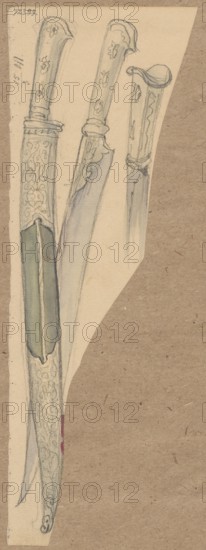 Yatagan; drawing; illustrator: Aleksander Lesser 1814–1884; dated 1841; medium: drawing on paper of irregular dimensions glued with the upper edge to brown cardboard; dimensions of drawing: height 21.3 cm, width 7.5 cm; cardboard: height 34.7 cm, width 25.2 cm; subject: yatagan Ottoman/Turkish sword, militaria, cold steel weapons; style: sketch., A vertical sketch on a tan paper strip shows three ornate dagger-like objects with curved handles and long blades, drawn with pencil and light watercolor; the handles feature floral and decorative motifs and are shaded in pale beige and gray with touches of green and faint blue, while the blades are rendered in muted gray and blue tones with subtle darker edges; one sheath is decorated with an intricate scrolling pattern in pale beige and marked with a small patch of muted red, and a narrow greenish insert is visible near one blade; the background is a textured brown paper with small flecks.