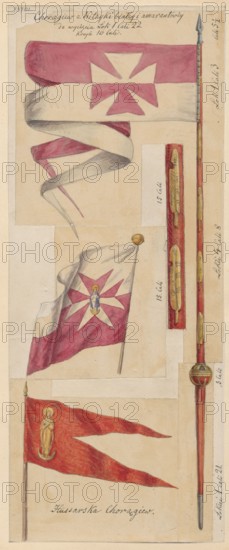Hussar banners; Aleksander Lesser 1814–1884, illustrator. Three sketches on common paper, glued to cardboard by the side edge. Drawing, 1830–1884. Card: height 31.0 cm, width 12.5 cm; Cardboard: height 35.7 cm, width 25.9 cm. Materials: paper, cardboard. Subjects: militaria, hussars, banners., The image shows a vertical arrangement of several hand-drawn and colored flags and flagpoles on a beige paper background. At the top is a horizontally oriented ribbon-like flag with alternating dark pink and off-white sections and a central geometric star-shaped motif in dark pink and off-white. Below that is a curled ribbon in off-white and dark pink twisting vertically. Further down is a rectangular flag depicted on a pole, with a dark pink field and an off-white star-like emblem, and a small figurative detail in the center of the emblem rendered in blue and yellow; the pole has a gold finial. To the right of the flags there is a long painted pole segment in red with gold decorative bands and a...