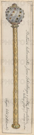 Hetman's baton of Jan III Sobieski, circa 1665; drawing by Aleksander Lesser 1814–1884. Subject: baton of Jan III Sobieski King of Poland, 1629–1696 — iconography of military/weapon, 17th century, artistic craft; medium: drawing on paper glued across its entire surface onto a cardboard of similar dimensions, which is glued with its upper edge onto another cardboard. Date of drawing: 1830–1884. Dimensions: drawing card height 22.3 cm, width 5.1 cm; cardboard height 35.9 cm, width 25.8 cm., A tall ornamental staff with a long slender shaft in gold tones featuring repeating decorative patterns, topped by a bulbous round head that has a silver-gray swirled surface studded with a few small jewel-like accents in green and red and set within golden mounts, the base of the head and the lower end of the shaft showing small green and red circular decorations; the background is a pale off-white with a thin darker border around the edges.
