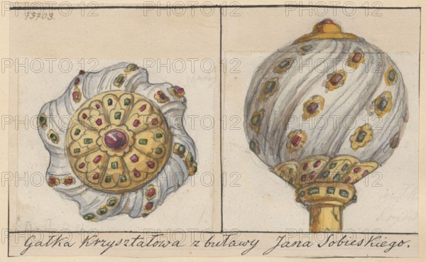 Crystal knob of the hetman's mace of Jan III Sobieski, ca. 1665. Drawing on paper glued across the entire surface onto a cardboard of similar dimensions, which is glued with its upper edge onto another cardboard. Pen-and-ink or drawing, 1830–1884. Subject/motifs: Jan III Sobieski King of Poland, 1629–1696; craft and artistic craftsmanship; maces; iconography of Jan III Sobieski; military/weapons, old weapons; sobiesciana. Creator: Aleksander Lesser 1814–1884 draughtsman/author. Dimensions — drawing/card: height 9.4 cm, width 15.4 cm; cardboard: height 35.9 cm, width 25.8 cm. Inscriptions/provenance note: gift; references Jan III Sobieski., A drawing divided into two panels showing decorative objects with curved, scalloped forms; the left panel depicts a rosette-like object with a central circular element surrounded by petal-shaped segments and scalloped edges, rendered in yellow-golden tones with red and green accents set against white and gray shaded folds, while the right panel shows...