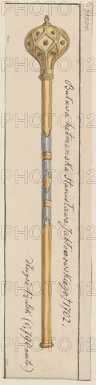 Hetman's baton of Stanislaw Jablonowski from the end of the 17th century; maker/author: Aleksander Lesser 1814–1884 draughtsman; subject: baton of Jablonowski, Stanislaw Jan 1634–1702 — iconography; materials/technique: drawing glued across its entire surface onto paper of similar dimensions, which is glued with its upper edge onto cardboard; function/style: military/weapon, old weapons, artistic craft; date: 17th century object, drawing dated 1830–1884; dimensions — drawing: height 20.7 cm, width 4.1 cm; card: height 20.7 cm, width 4.8 cm; cardboard: height 35.8 cm, width 25.7 cm., A narrow vertical image shows a long ornamental staff with a rounded, bulbous top decorated with jewel-like dots in red, green, and blue; the top is rendered in gold tones with darker gold outlines and subtle shading. The shaft below is primarily gold with sections of muted blue-gray bands and small gold decorative elements where the bands meet, and there is a slightly darker gold ring near the top of the s...