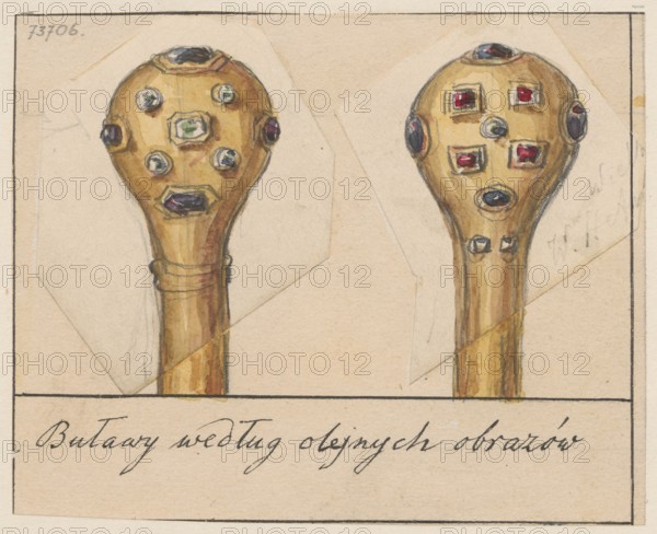 Two maces, after unknown paintings, draughtsman Aleksander Lesser 1814–1884. Gift; craft depiction of maces, military artistic crafts, painting, weapons, old weapons. Drawing glued across the entire surface to paper, which is glued along the top edge to cardboard. Date: 1830–1884. Medium: drawing on paper mounted on cardboard. Dimensions — drawing: 9.1 × 11.3 cm; cardboard: 35.8 × 26.1 cm., The image shows a pair of similar ornate club-like objects drawn side by side on a beige background, each with a rounded top and a long handle; both tops are golden-brown with a slightly darker shading and are decorated with a group of gem-like shapes in colors including red, blue, green, purple, and dark navy, with small circular and square settings visible; the handles are golden-brown with darker brown accents and subtle vertical shading, and there are faint pencil sketch lines and taped paper edges around and over parts of the drawing; overall the palette includes beige, golden-brown, brown, red...