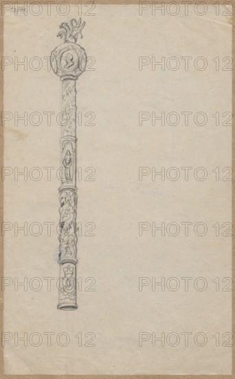 Mace; draughtsman: Aleksander Lesser 1814–1884. Drawing, glued with the upper edge to brown cardboard; pen/ink and/or sketching medium. Subject: weapon — mace; old weapons, military, artistic crafts. Drawing: height 22.9 cm, width 14.3 cm; overall box: height 34.9 cm, width 24.9 cm. Date range: 1830–1884. Unknown place of creation., A vertical pencil drawing of a long ornate staff centered on a light beige paper background, showing a round decorated top with a small sculpted figure above it, a spiraled shaft with carved reliefs including a small standing figure in a recessed panel and areas of floral or foliate motifs, and a decorated lower section ending in a cylindrical base; the visible colors are shades of gray from the pencil and beige from the paper, with slightly darker gray pencil lines and subtle brownish age spots on the paper.
