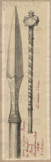 Moscow mace and spearhead belonging to Boris Alexandrovich; drawing by Alexander Lesser 1814–1884 illustrator/author; gift; military old weapons; craft; maces; artistic crafts; weapons; Boris Alexandrovich ruler of the Principality of Tver; ante 1425–1461 — iconography; eastern weapons; Emilian Lesser 1848–1912. Drawing on tracing paper glued across its entire surface to paper of similar dimensions, which is glued with its upper edge to cardboard. Date: 1830–1884. Medium/type: drawing. Dimensions: drawing height 23.1 cm, width 6.2 cm; card height 23.1 cm, width 7.1 cm; cardboard height 34.8 cm, width 24.8 cm. Location: unknown., A narrow vertical illustration shows two long hand-held weapons side by side on a beige, slightly speckled paper background with narrow off-white margins; the left object is a pointed blade with a long central ridge and decorative etched panels on the lower portion leading into a flared socket, rendered in black ink with fine hatch shading, and the right object...