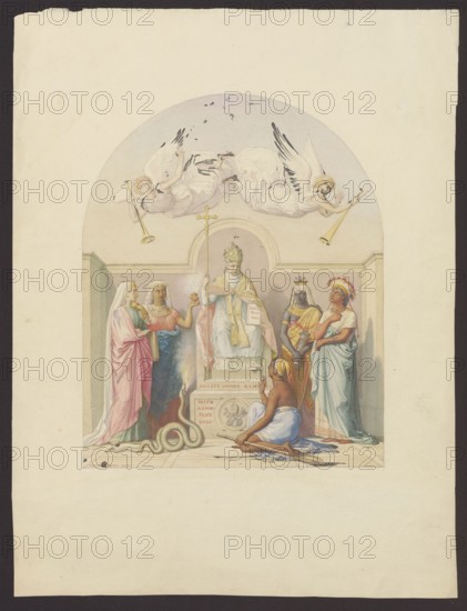 The Pope surrounded by personifications of the continents; drawing by Petit, Savinien-François-Charles 1815–1878; allegorical scene with angels and personifications continents, snake devil; inscribed/referenced 1867; France; drawing; height 43.8 cm, width 33 cm., An arched scene set against a pale background shows a central seated figure wearing a tall ornate headdress and pale garments with gold accents, holding a long staff topped with a cross, flanked by several standing figures in flowing robes; two winged figures hover above blowing long trumpets, and a seated figure with darker skin and a blue draped cloth kneels at the base reaching toward a coiled snake on the floor; the standing figures wear garments and accessories in shades of pink, blue, white, gold, and red, and there are touches of green, beige, and brown in the architectural elements and floor.