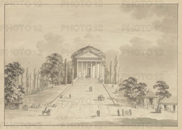 Church in Pulawy, Richter, Joseph 1780-1837 draughtsman/author, Goluchów - residences, churches architect, classicism style, Pulawy Lublin Voivodeship, architecture, Aigner, Chrystian Piotr 1756-1841 - architecture, Czartoryski, Adam Kazimierz 1734-1823, Czartoryska, Izabela née Flemming 1746-1835, Czartoryski, Adam Jerzy 1770-1861, Dzialynska, Izabella née Czartoryska 1830-1899, architectural views, views of the town, sacred architecture, bell towers, 1806–1811, Pulawy place of origin, drawing in an album, drawing, album, height 16.5 cm, width 23.3 cm, A sepia-toned scene shows a domed classical building with a columned portico atop a broad stepped approach, flanked by tall slender trees and larger clustered trees; a gently sloping lawn and paths lead up to the steps where a few small groups of people stand or walk, some near the entrance and others scattered on the terraces; near the bottom foreground there are a few figures with a horse and a couple of small structures or pavilions ...