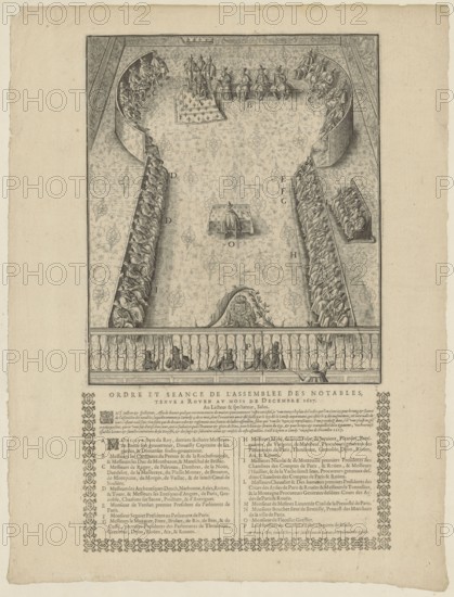 Assembly of Notables in Rouen in 1617, Jan Ziarnko 1575–1630 draughtsman/author; Jean Le Clerc Paris; publisher; fl. ca. 1587–1621 publisher. Subject: assembly/debate scene in Rouen, 1617. Materials/format: graphic print/poster, filigrees. Style: Polish graphics; historical event. Inscriptions/details: Order of the Holy Spirit, Three Lilies coat of arms of the kingdom of France. State II. Date: 1617. Dimensions: height 31 cm, width 26 cm., A rectangular engraved scene framed by a decorative border sits on aged beige paper with rough edges; the central illustration shows an overhead view of a large ornate hall with patterned flooring and a raised area at the far end where a group of seated figures and a small raised platform are arranged, flanked by curved rows of seated figures along both sides; a central figure sits at a small table toward the middle of the hall, and a decorative crest or carved element appears near the near edge; a balustrade separates the hall from a foreground gall...