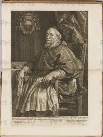François Villani, Baron Bassenghien and Bishop of Tournai; engraved by Pierre-Louis van Schuppen 1627–1702; published by Gillis Hendrickx fl. 1633–1676. Portrait of a male clergy figure with curtain and coats of arms; dedication; Flemish graphics; plate impression: height 43.1 cm, width 28.6 cm; dated circa 1645–1646; Antwerp., A seated older man wearing layered clerical robes and a cap occupies a carved wooden chair with studded upholstery; he has a mustache and goatee and rests one hand on the armrest while the other holds a folded sheet of paper, with a visible ring on one finger. The scene includes a heavy draped fabric behind the chair, a decorative heraldic shield with tassels hanging on the wall, and a small round object on the table beside him. The image is monochrome with shades of black, gray, and off-white, and is framed by a wide off-white margin with darker edges.