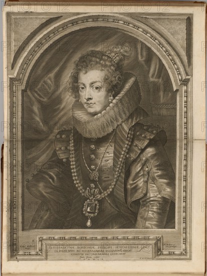 Elizabeth of France Elizabeth of Bourbon, by Peter Paul Rubens 1577–1640; engraving by Paulus Pontius 1603–1658; published by Gillis Hendrickx fl. 1633–1676. Subject: Elizabeth of Bourbon Queen of Spain and Portugal; 1602–1644, half-length female portrait, wearing jewels; portraits of female rulers, Spanish/Portuguese iconography. Medium: engraving/graphic print, plate impression. Date: ca. 1645–1646 . Place: Antwerp. Plate impression size: height 44.7 cm, width 33.7 cm., A sepia-toned engraved portrait of a person shown from the waist up inside an ornate arched frame, wearing an elaborate high ruffled collar and a richly detailed dress with puffed sleeves and decorative fastenings; the subject has short curly hair gathered into a small top knot with a decorative element, a composed facial expression, and visible earrings. The clothing is adorned with multiple strands of beads and a large pendant with ornamental settings and a drop, and the background shows draped fabric behind the fig...