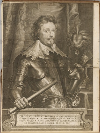 Frederick Henry of Orange, Pontius, Paulus 1603-1658 engraver/author, Dyck, Anthony van 1599-1641 painter/co-creator; revindication provenance; portraits—male, half-length; curtains; Flemish graphics; portraits of rulers; Flemish culture; military portraits; Frederick Henry of Orange Prince of Orange-Nassau, Stadtholder of the Republic of the United Provinces; 1584-1647 — iconography; 1645–1646 ; Antwerp; graphic print/old print/plate impression; height 48.4 cm, width 34.3 cm, A sepia-toned engraved portrait of a man shown from the waist up wearing polished metal armor and a wide lace collar, with wavy hair, a mustache, and a pointed beard; he holds a baton in one gloved hand and rests the other hand near a sheathed sword, with a plumed helmet and a large decorative feather visible behind him, and heavy draped curtains filling the background.