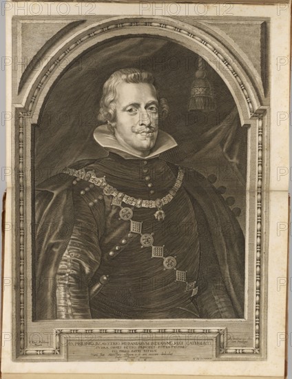 Philip IV, Hendrickx, Gillis fl. 1633-1676 publisher, Rubens, Peter Paul 1577-1640 painter; co-creator, Pontius, Paulus 1603-1658 engraver; author; revindication provenance; portraits; male portraits; albums; Flemish graphics; Flemish culture; half-length portraits; kings; portraits of rulers; Spanish culture; orders; Order of the Golden Fleece Ordre de la Toison d'Or; Philip IV Habsburg King of Spain and Portugal; 1605–1665 — iconography; 1645–1646, Antwerp; album; graphic; old print; graphic print; plate impression: height 44.9 cm, width 33.2 cm, A monochrome engraved portrait shows a man wearing period clothing and a large, high collar, seated or standing within an ornate arched frame; he has styled hair and a small curled mustache and a composed facial expression. His dark garment is decorated with an elaborate chain or collar of office with several decorative medallions and geometric links, and a cloak drapes over one shoulder. The background inside the arch is shaded and textured...