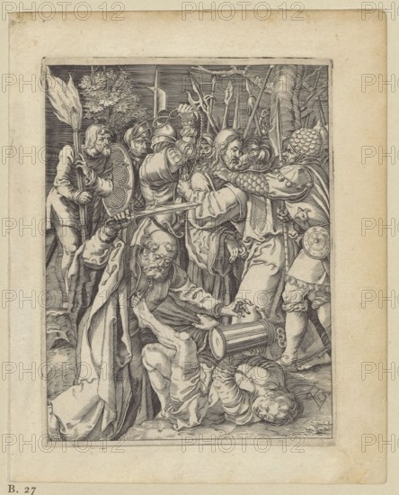 The Capture copy of an engraving from the Little Passion by Albrecht Dürer, unknown graphic artist; attributed to Albrecht Dürer 1471–1528 according to, restitution provenance, Passion iconography, The Capture of Christ iconography, German, graphic art; height 12.8 cm, width 9.8 cm, A detailed black-and-white engraving shows a crowded scene of several men wearing varied armor and robes, many holding spears and shields; one central bearded man with long hair is being grasped and kissed by another man while surrounding figures press in. In the foreground a bearded figure in a flowing robe raises an arm as another man lies on the ground clutching a cylindrical object; nearby a fallen figure is curled on the ground. The figures’ clothing and armor include helmets, chainmail, scale-like armor, cloaks, and layered garments. The background contains tree trunks and foliage, and a few long poles or spears rise behind the group. The image tones are monochrome with shades of black, gray, and off-...