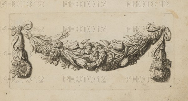 Feston: Artus Quellinus 1609–1668, engraver attributed. Baroque style; ornament design of garlands/festoons with flowers—lilies, sunflowers, tulips, roses. Dutch; decorative designs/patterns, French graphics. ca. 1650 . Album. Height 9.9 cm, width 21.0 cm., The image shows a horizontal ornamental garland of flowers and leaves suspended between two tied ribbons, rendered in detailed line work on a pale beige background; the design includes a group of various blossoms, buds, and elongated leaves arranged in a draped curved form with ribbon bows at each end and hanging floral clusters beneath; visible colors are beige, off-white, and dark brown from the inked lines.