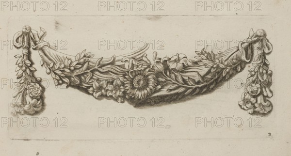 Feston: Artus Quellinus 1609–1668 engraver?, Baroque; flowers, festoons, garlands, ornaments; sunflowers, lilies, laurels, palms, roses; decoration patterns and designs; French graphics; ca. 1650 ; album; height 9.8 cm, width 21.0 cm; Netherlandish., A horizontal decorative garland composed of intertwined floral and leafy elements hangs between two tassel-like clusters at each end, rendered in detailed black line work on a light beige background; the central section features a prominent round flower surrounded by petals and flowing ribbon-like foliage, with several smaller flowers and leaves woven throughout, and a few shaded areas creating depth.
