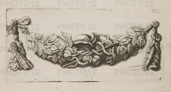 Feston: 5, Quellinus, Artus 1609–1668 engraver/author?, Mercury myth., Baroque style, festoons, garlands, quill feathers, Netherlandish culture, leaves, ornaments, designs, caduceuses, decoration patterns, purses, inkwells, French graphics, ca. 1650, Amsterdam, album; height 9.8 cm, width 21.0 cm, A horizontal ornate garland rendered in black lines on a cream background, with a central cluster of overlapping leaves, scrolls, and curved ribbon-like forms, flanked by leafy swags tied at each end with knotted bows; the composition shows detailed hatching and shading creating texture, with a few small decorative elements like a rounded dome shape and sinuous ribbon pieces woven through the foliage, and overall colors limited to black and cream.