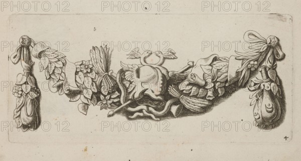 Festoon: 4, Quellinus, Artus 1609–1668 engraver?, leaves, baroque, festoons, garlands, Netherlandish, ornaments, designs, Mercury, caduceuses, quill feathers, decoration patterns, purses, French graphics, ca. 1650, album, height 9.9 cm, width 21.7 cm, A horizontal decorative engraving on an off-white, slightly stained paper background showing a central ornamental motif flanked by two hanging garlands; the central motif features a rounded, draped form with wing-like shapes and a pair of small bird-like figures perched atop it, surrounded by curling ribbons and sinuous, ribbon-like elements; the garlands on either side consist of leaves, stylized flowers, tied sheaves, and flowing ribbons that end in tassel-like bundles; the composition is rendered in dark brown or black ink lines and fine hatching, with the paper showing pale cream, beige, and faint brown spotting.