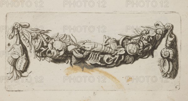 Feston: 6, Quellinus, Artus 1609–1668 engraver, leaves, crayfish, baroque style, festoons, garlands, Netherlandish, ornaments, designs, crabs, snails, corals, pearls, shells, decoration patterns, seas, French graphics, ca. 1650, album, height 9.6 cm, width 21.6 cm, A horizontal ornamental swag made of shells, crustacean parts, leaves, and ribbon-like elements stretches across a light beige background; the central garland shows a variety of shell shapes, segmented crustacean body parts, leafy sprigs, and curling tendrils rendered in dark brown lines and shading, with ribbon loops at the ends, and there is a light brown stain beneath the central section.